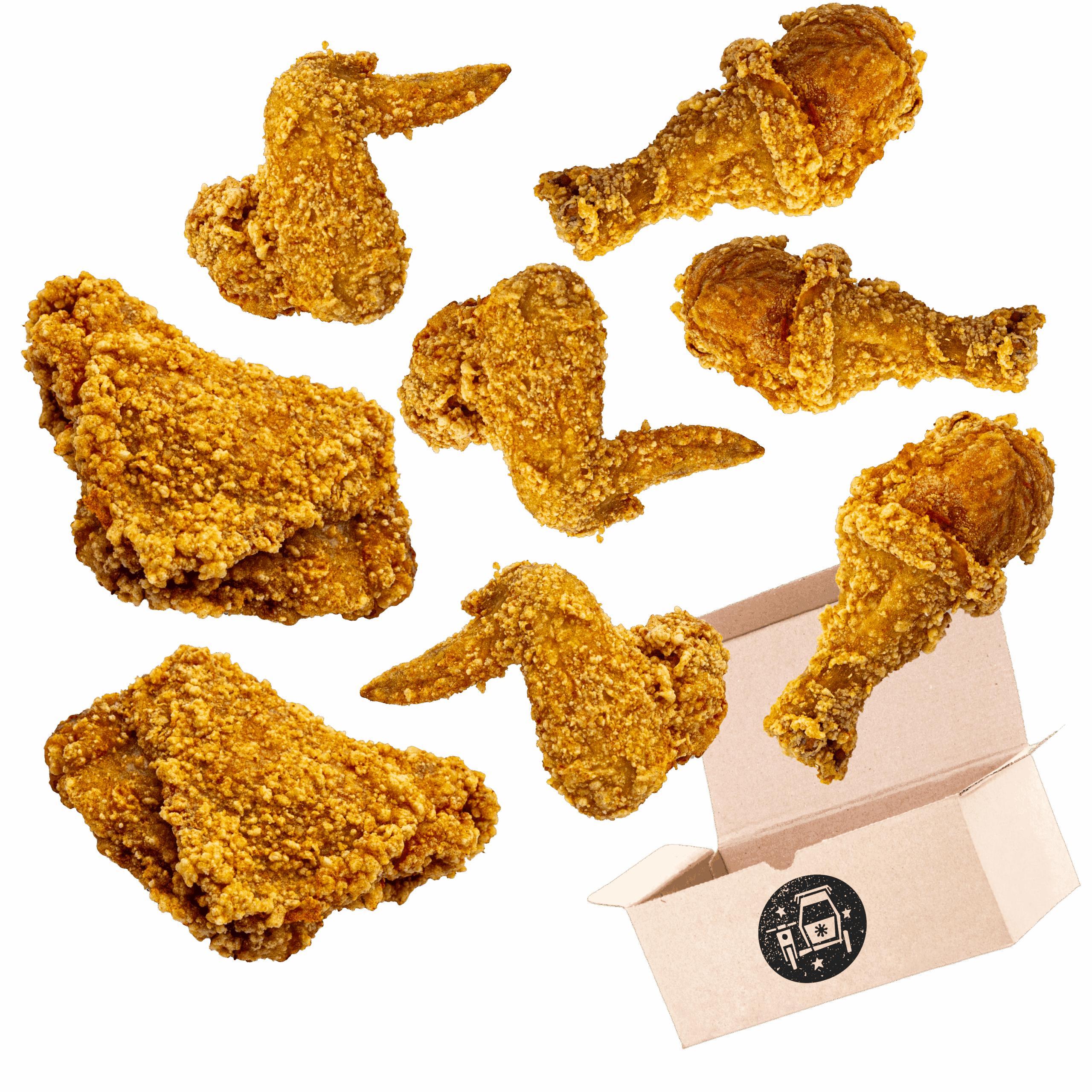 A small box, open, with fried chicken coming out - 3 drumsticks, 3 full wings, and 2 thighs.